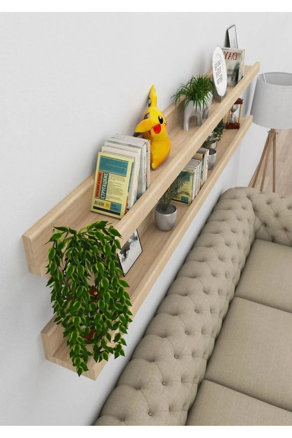 Doğal Ahşap 150cm Çam Ahşap Resim Çerçeve Rafı Duvar Rafı Kitaplı