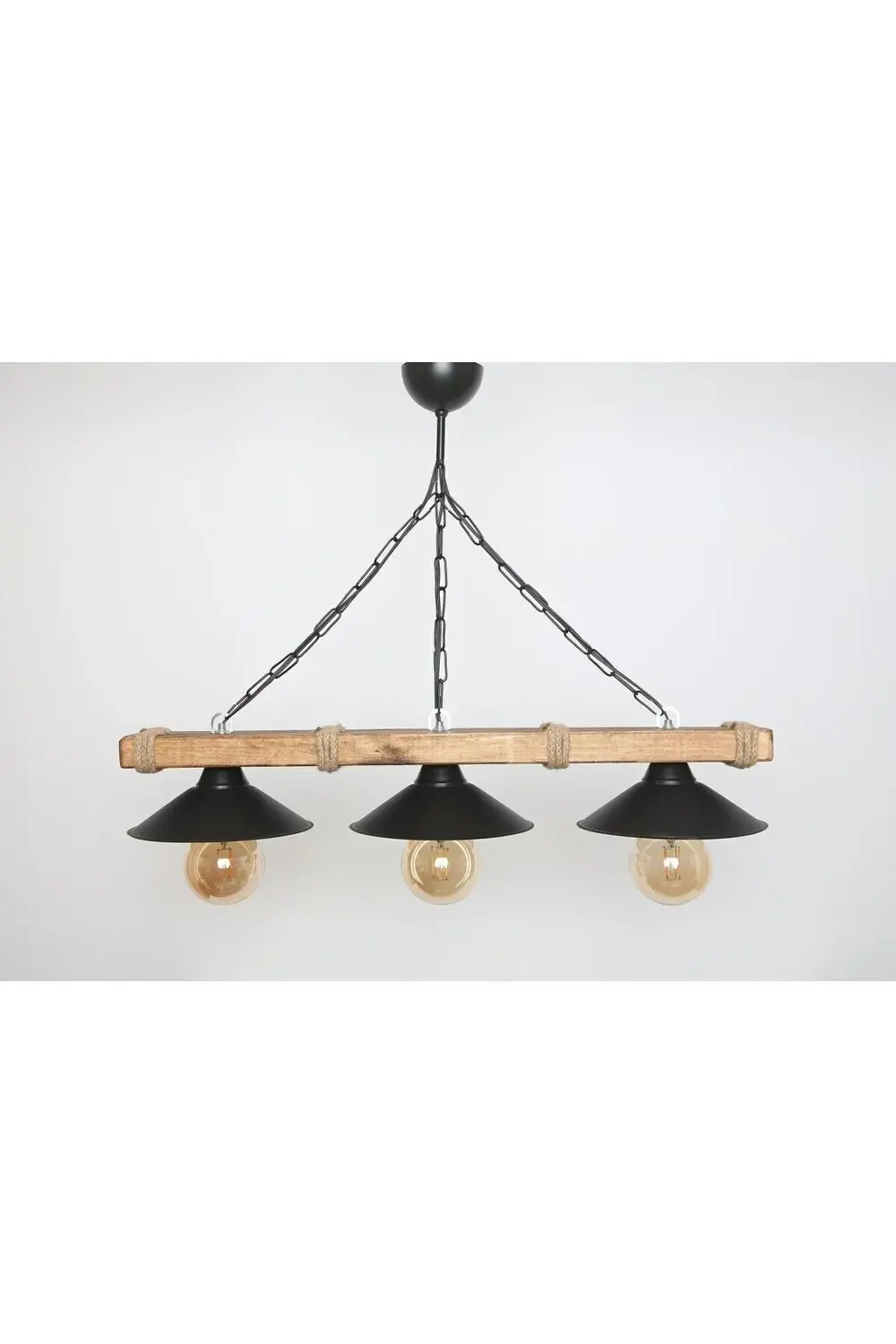 Abajour Doğal Ahşap 3 Lü Halatlı Rustik Tasarım Şapkalı Avize