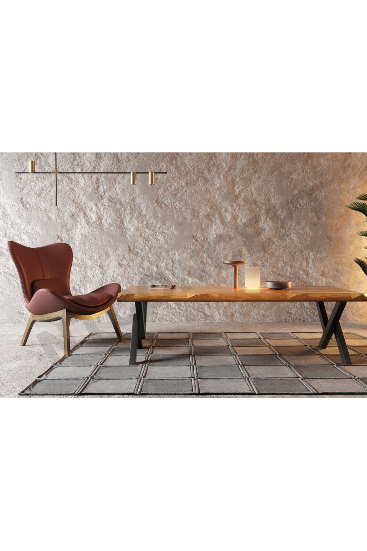 Nt Concept Doğal Ahşap Açık Ceviz Renk V Ayak Sehpa(Uzunluk 160Cm-En75cm-H44