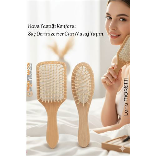 Doğal Ahşap Antistatik Hava Yastıklı Saç Fırçası (2 Boy: 23x8 & 2