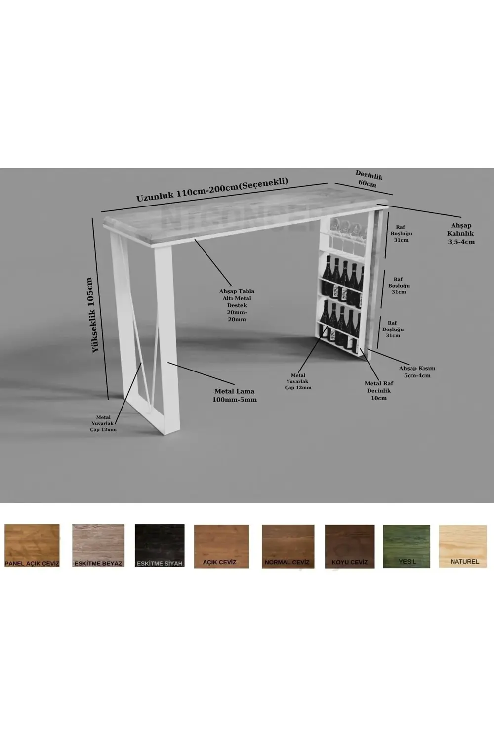 Doğal Ahşap Bar Masası - (Derinlik 60cm-Uzunluk 140cm -Yükseklik