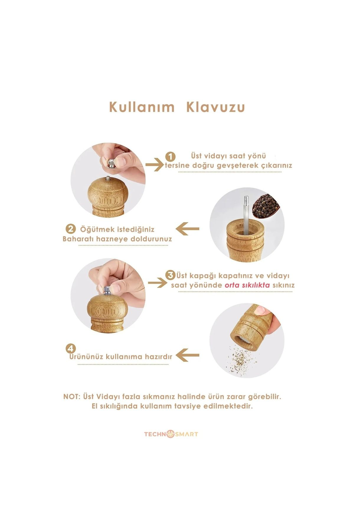 Zs Demir Doğal Ahşap Değirmen Karabiber Tuz Kahve Baharat Öğütücü Manuel E