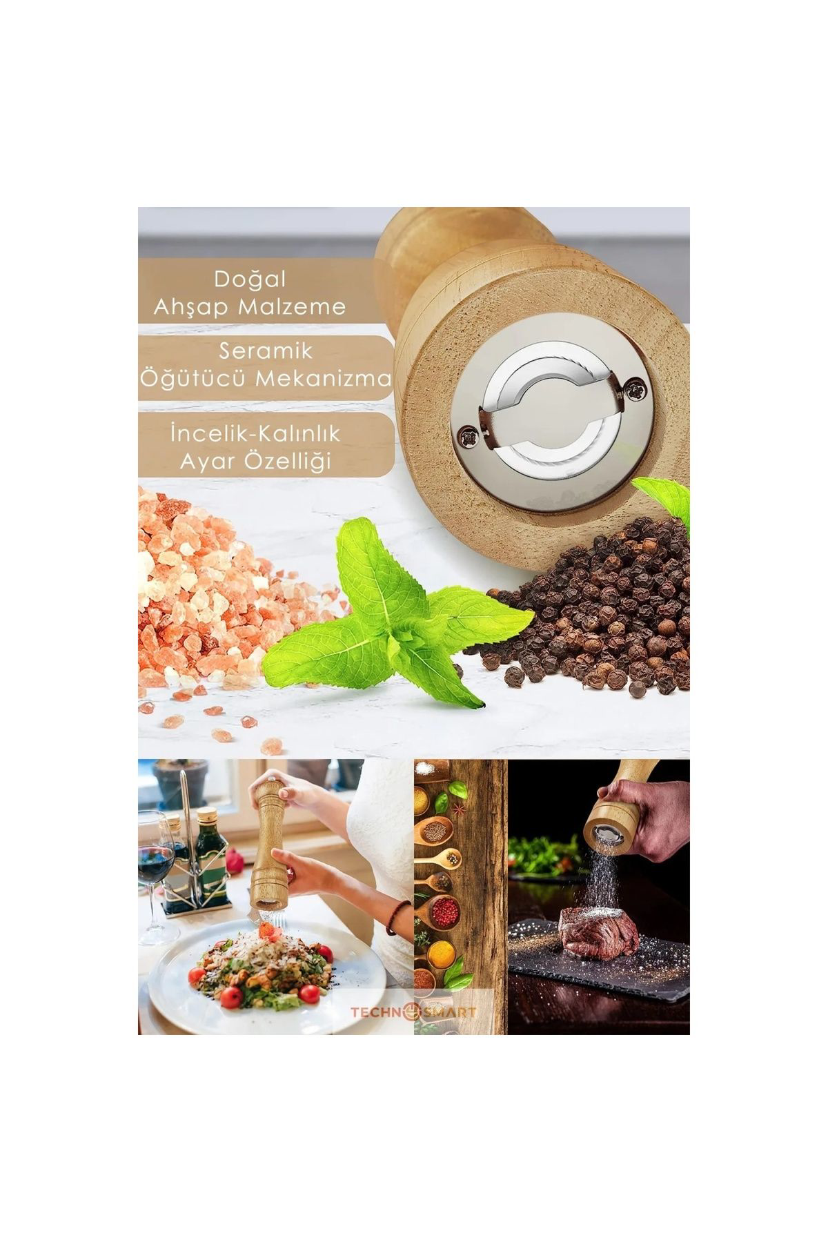 Zs Demir Doğal Ahşap Değirmen Karabiber Tuz Kahve Baharat Öğütücü Manuel E