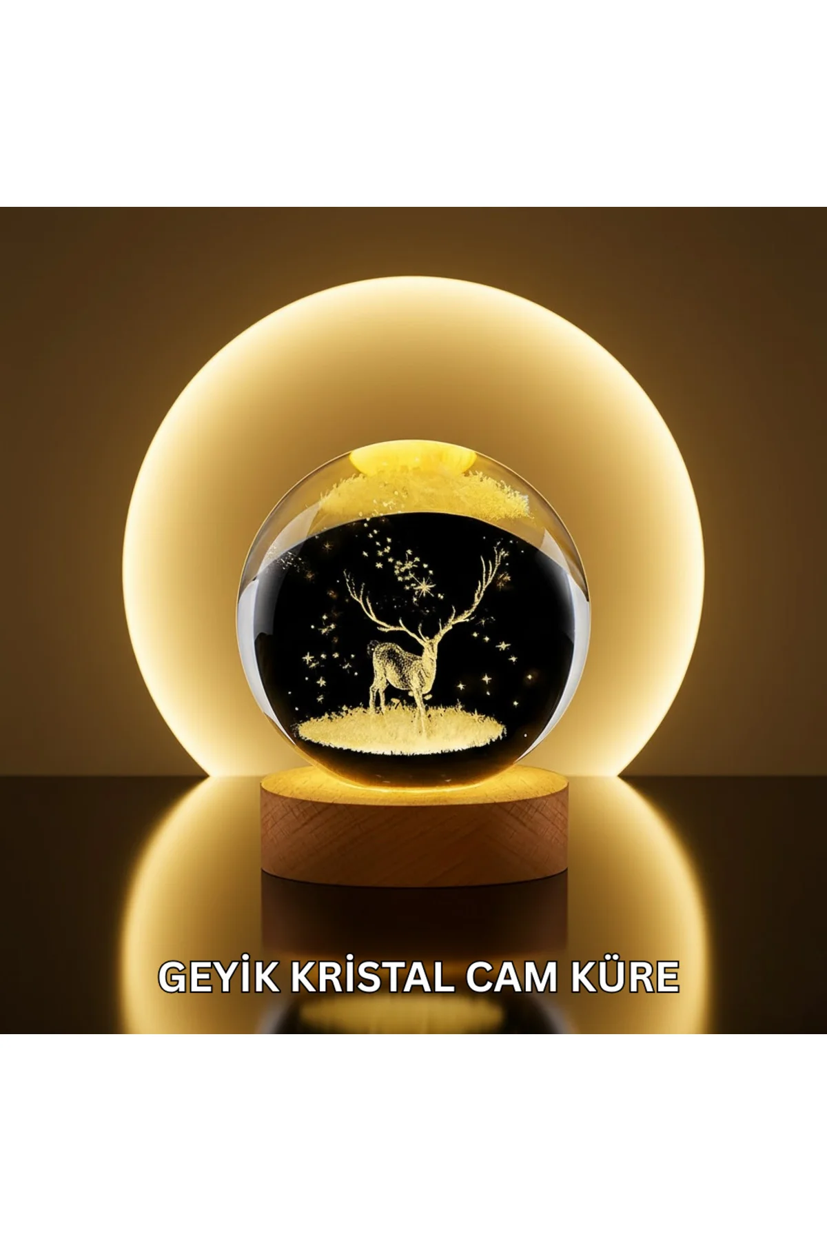 Doğal Ahşap Standlı Geyik Figürlü Kristal Küre LED Dekoratif Lamba