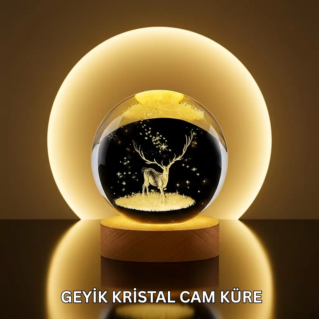 Doğal Ahşap Standlı Geyik Figürlü Kristal Küre LED Dekoratif Lamba - Lisinya