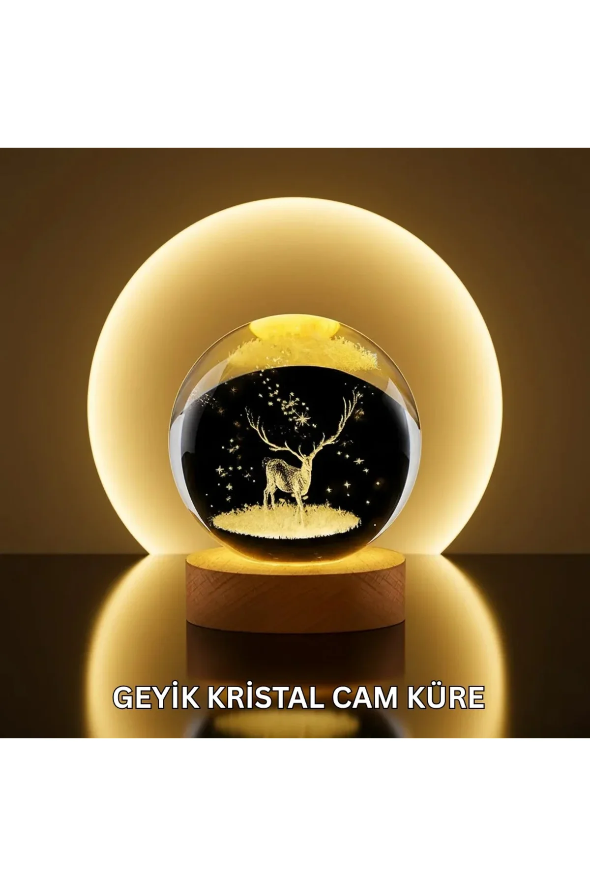 Doğal Ahşap Standlı Geyik Figürlü Kristal Küre LED Dekoratif Lamba