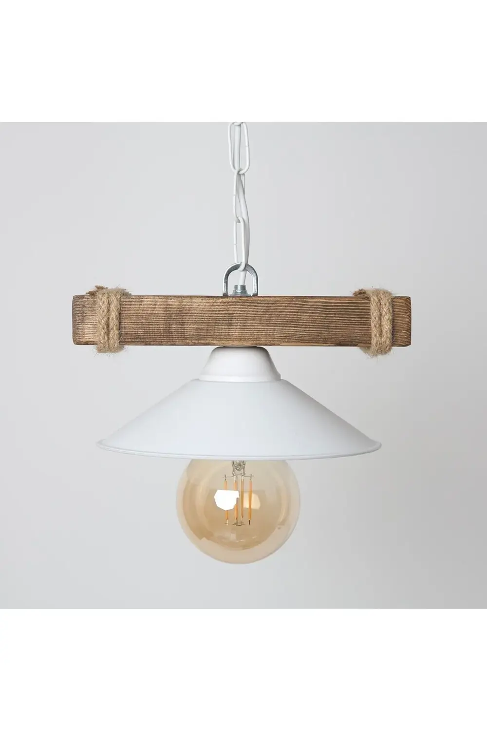 Abajour Doğal Ahşap Tekli Halatlı Rustik Tasarım Şapkalı Avize Beyaz