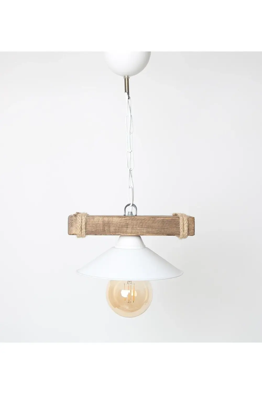 Abajour Doğal Ahşap Tekli Halatlı Rustik Tasarım Şapkalı Avize Beyaz
