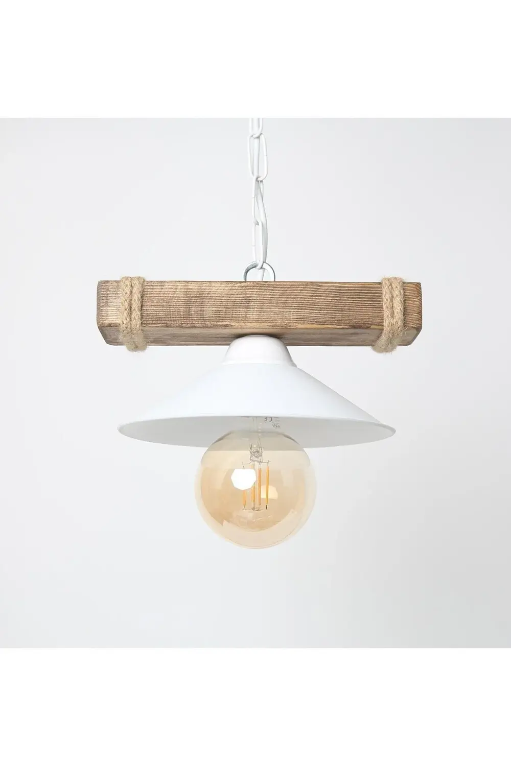 Abajour Doğal Ahşap Tekli Halatlı Rustik Tasarım Şapkalı Avize Beyaz