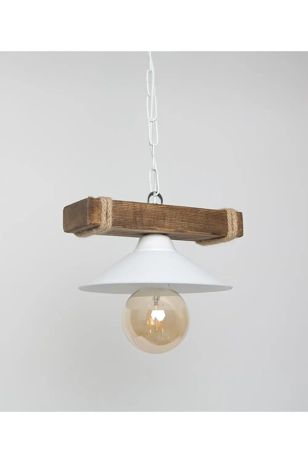 Abajour Doğal Ahşap Tekli Halatlı Rustik Tasarım Şapkalı Avize Beyaz