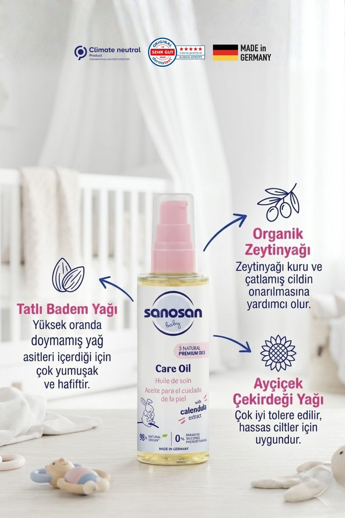 Doğal Bakım Yağı 100 ml – Tatlı Badem ve Organik Zeytinyağlı Hassas Cilt Bakım Yağı