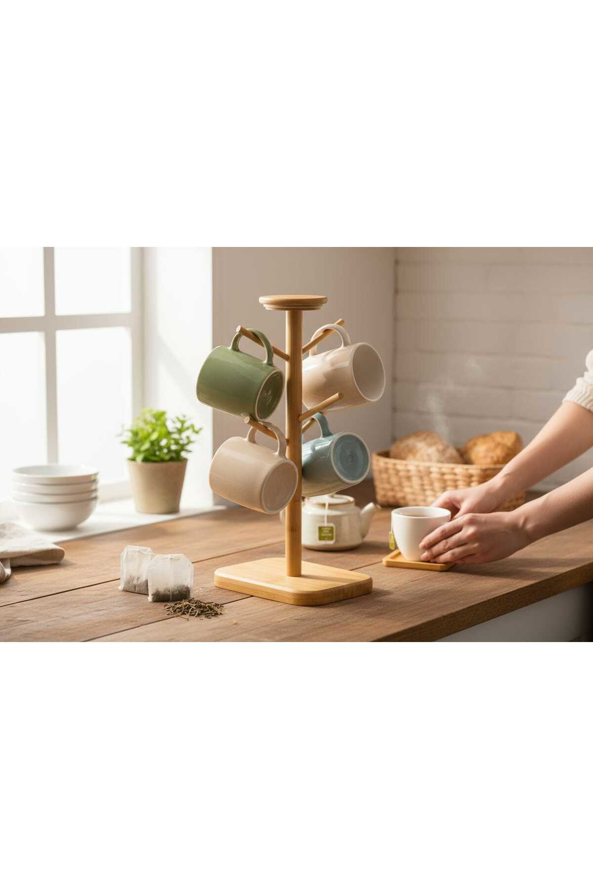 Kaveh Doğal Bambu 6’Lı Bardak Fincan Askısı Tarz Mutfak Düzenleyici, 35