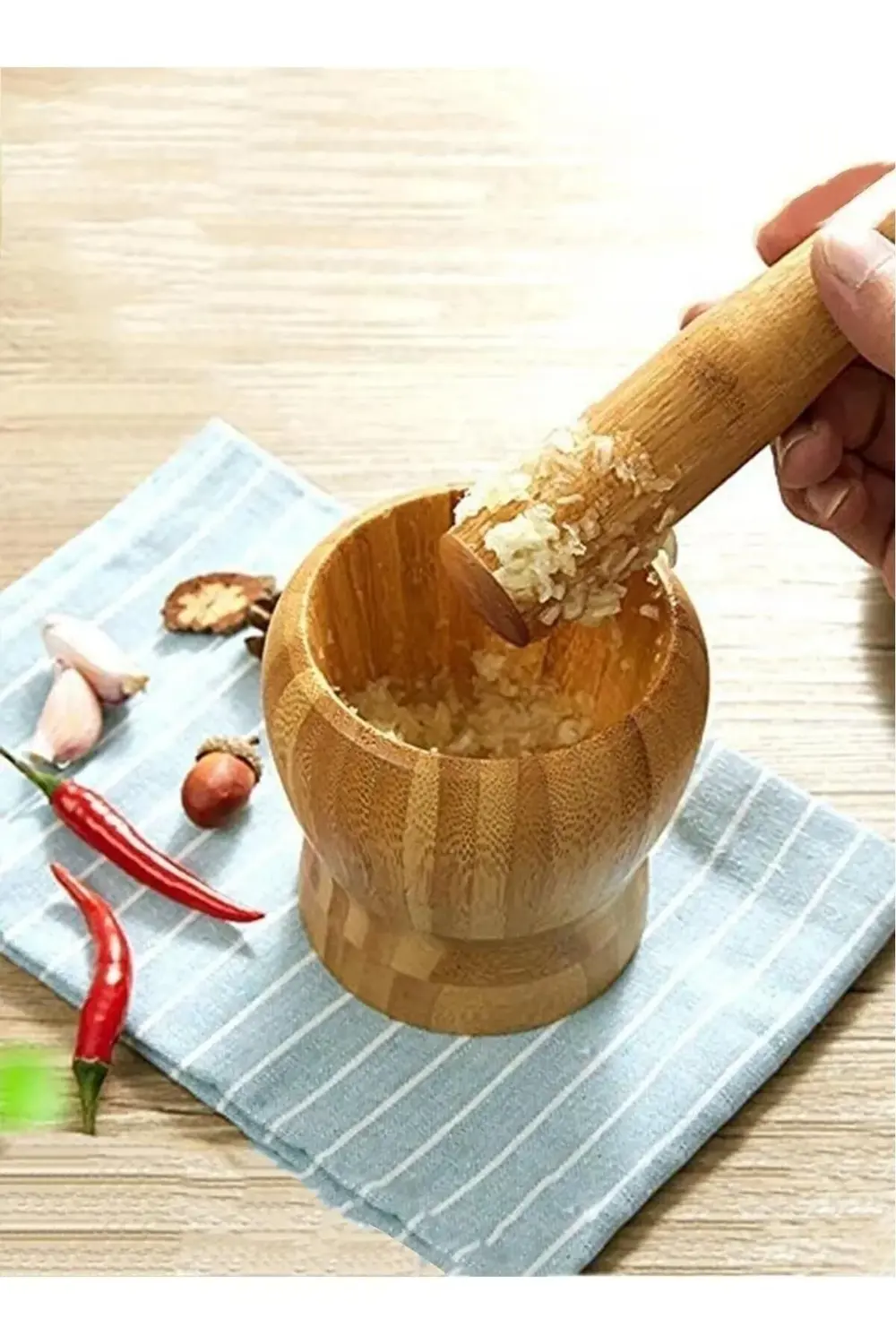 Doğal Bambu Ahşap Sarımsak Ezeceği Havan Orta Boy Bambu Ahşap Sar