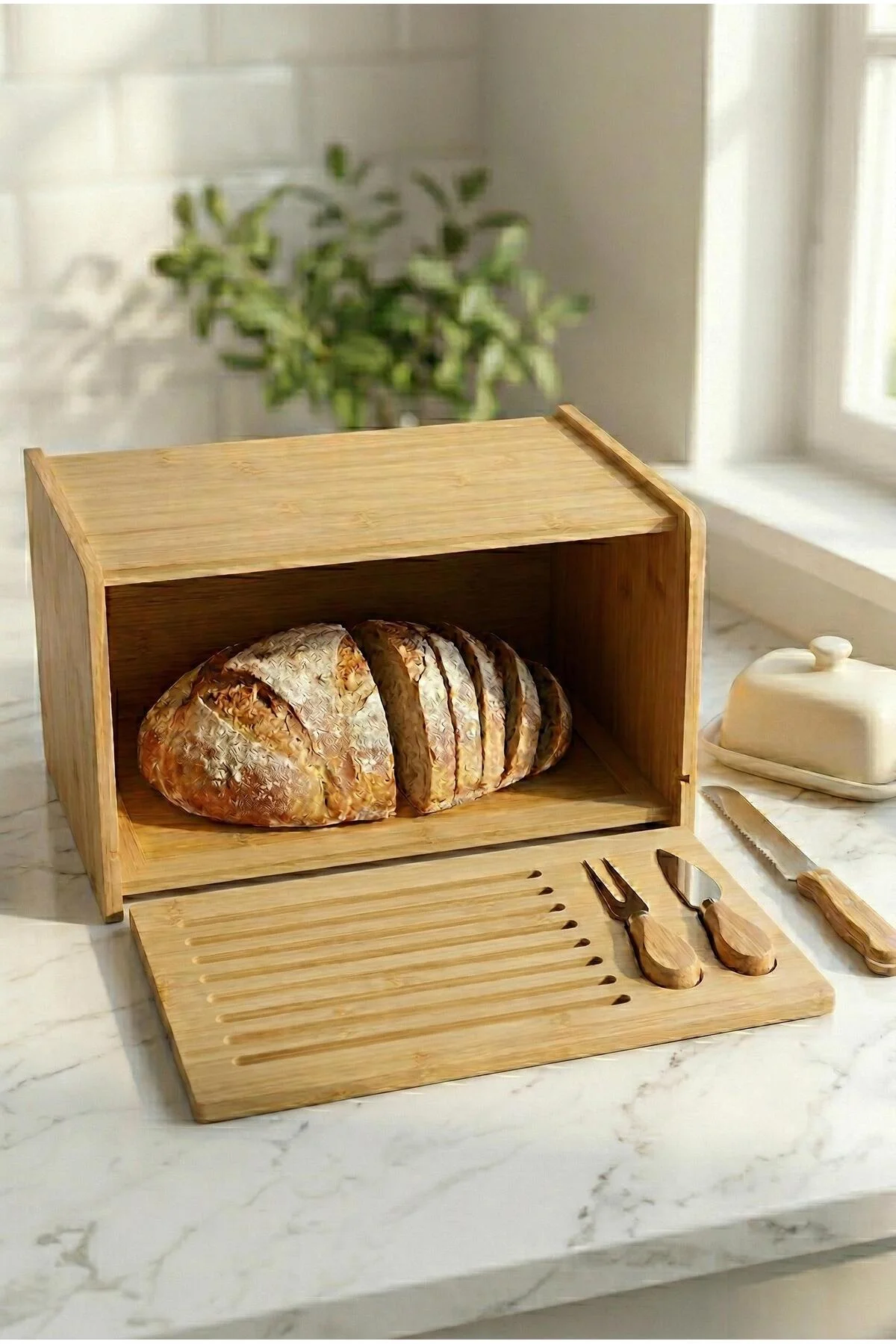 Doğal Bambu Kapaklı Ekmek Kutusu & Doğal Bambu Ekmek Dolabı (23x38x20 cm) - Görsel 2