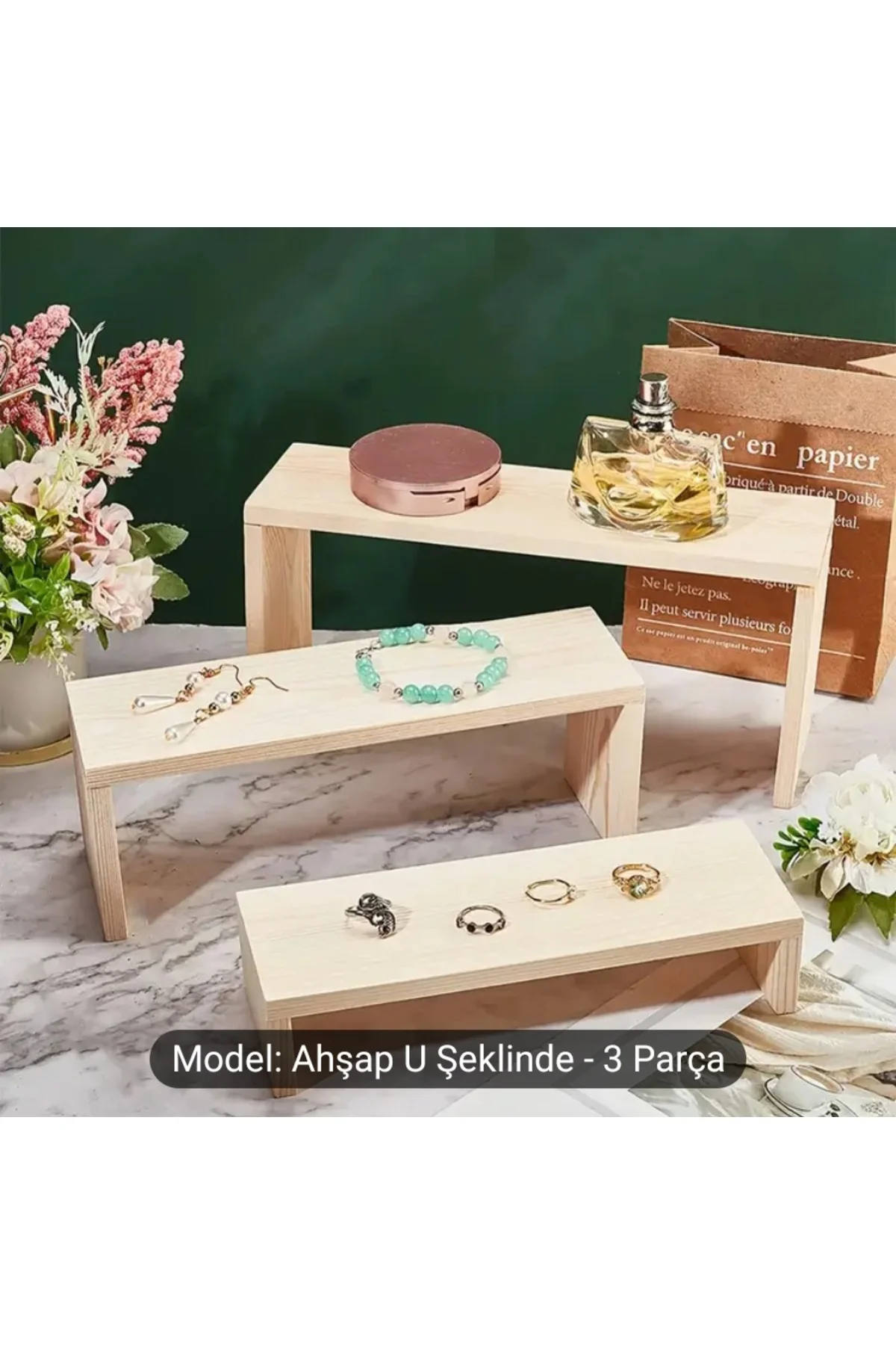 Doğal Çam Ahşap U Şeklinde 3’lü Stand | Takı ve Aksesuar Düzenley
