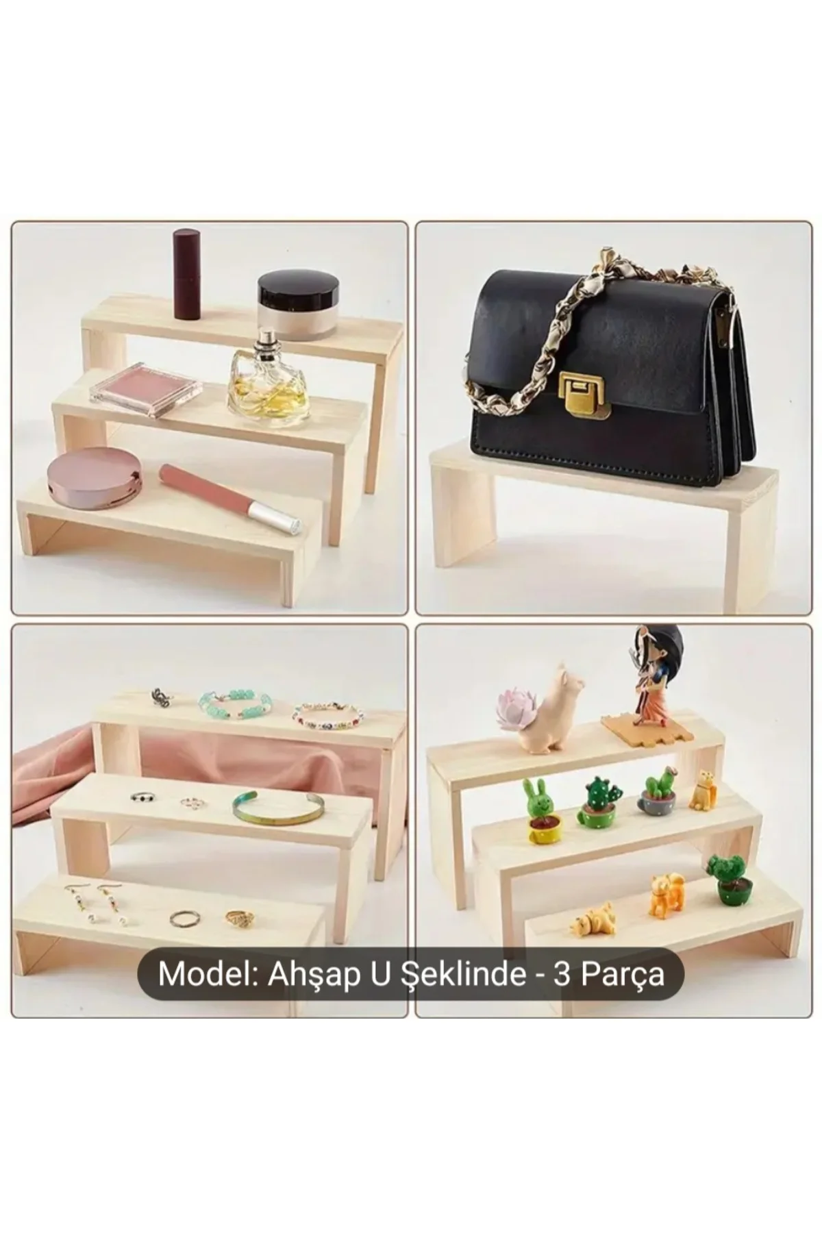 Doğal Çam Ahşap U Şeklinde 3’lü Stand | Takı ve Aksesuar Düzenley