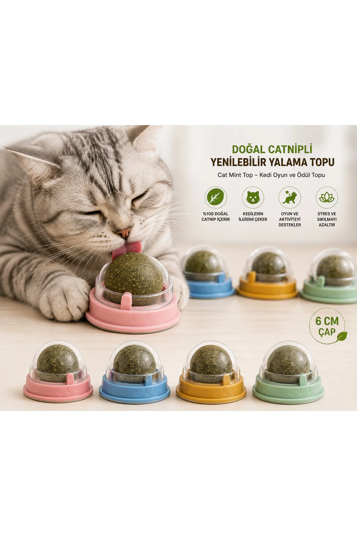 Doğal Catnipli Yenilebilir Kedi Nanesi Yalama Topu – 6 CM