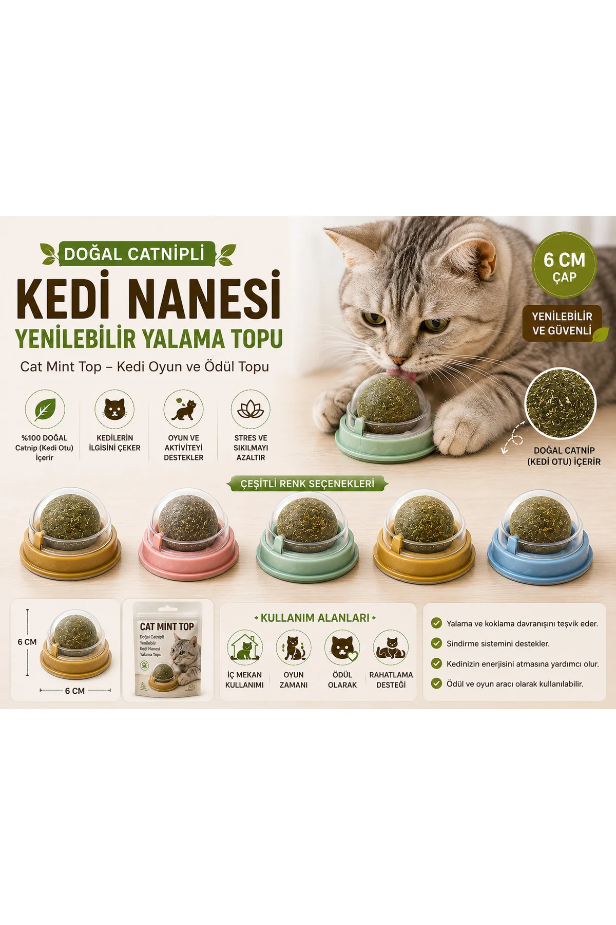 Doğal Catnipli Yenilebilir Kedi Nanesi Yalama Topu – 6 CM