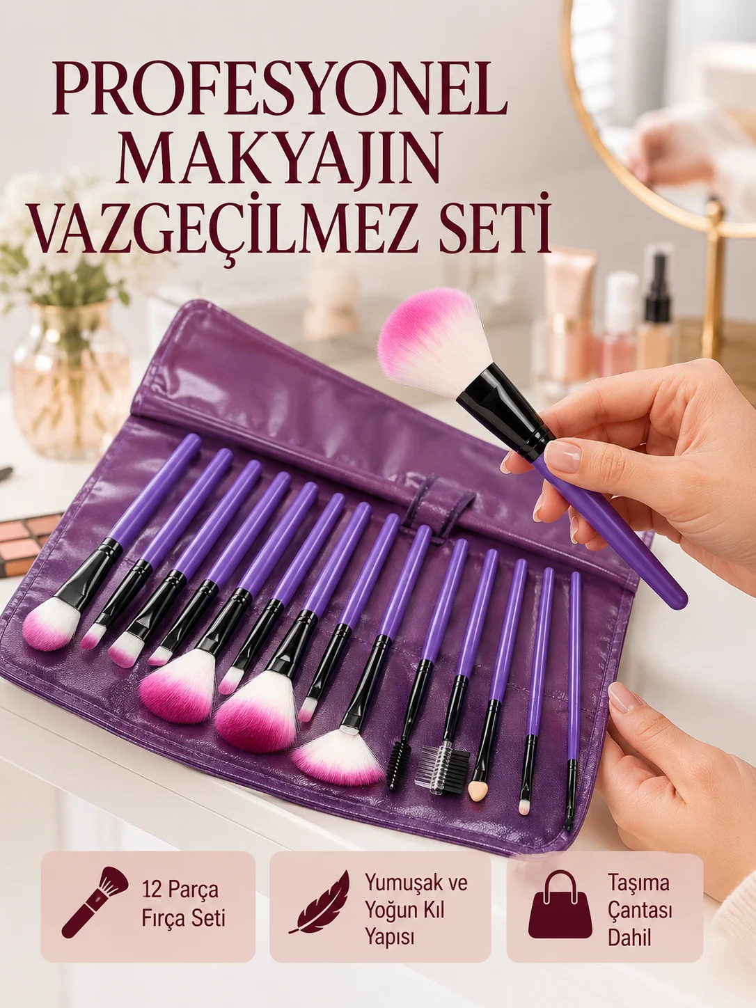 Doğal Görünüm Sağlayan Yumuşak Kıllı 12 Parça Makyaj Fırça Seti Günlük ve Profesyonel Kullanıma Uygun