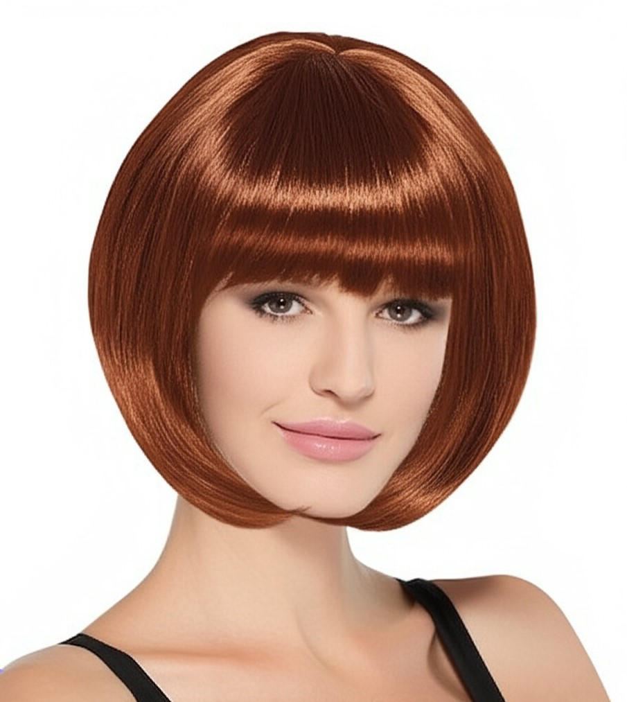Doğal Görünümlü Kahverengi Küt Kesim Parti Peruğu Takma Saç Yetiş