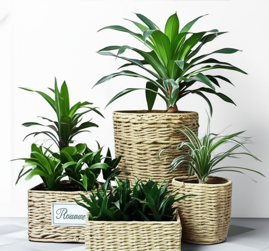 Doğal Hasır Saksı Seti 3lü Dikdörtgen Bitki Saksısı Çiçek Desenli Doğal Hasır Saksı Seti 3lü Dikdörtgen Bitki Saksısı Çiçek Desenli