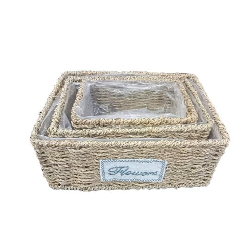 Doğal Hasır Saksı Seti 3lü Dikdörtgen Bitki Saksısı Çiçek Desenli Doğal Hasır Saksı Seti 3lü Dikdörtgen Bitki Saksısı Çiçek Desenli