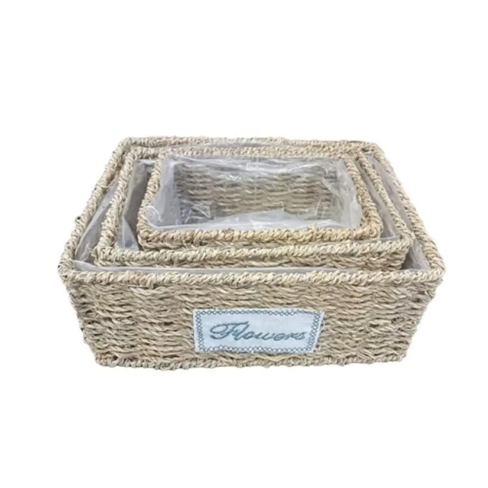 Doğal Hasır Saksı Seti 3lü Dikdörtgen Bitki Saksısı Çiçek Desenli