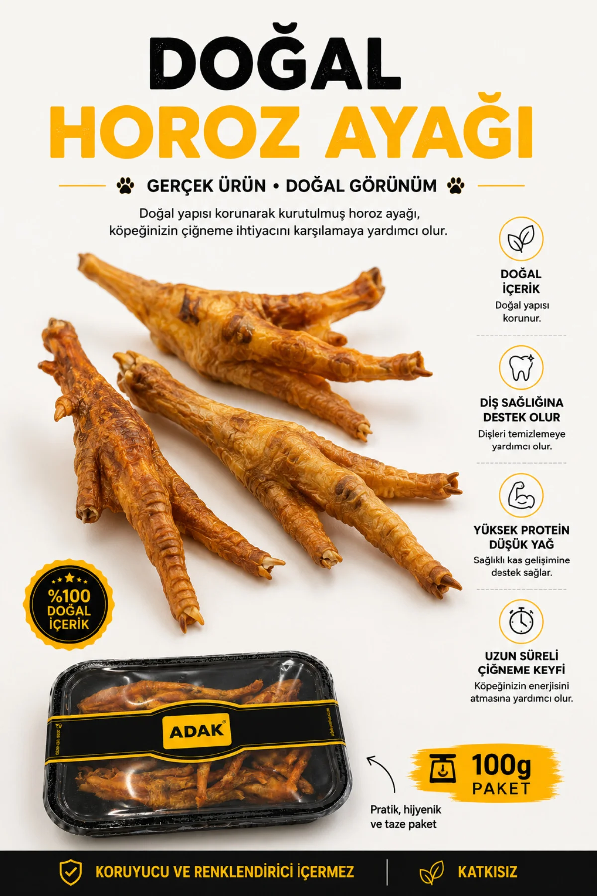 Doğal Horoz Ayağı Köpek Ödül Maması 100 G Kurutulmuş Katkısız Doğal Çiğneme Ödülü Fiyatı, Yorumları ve Özellikleri