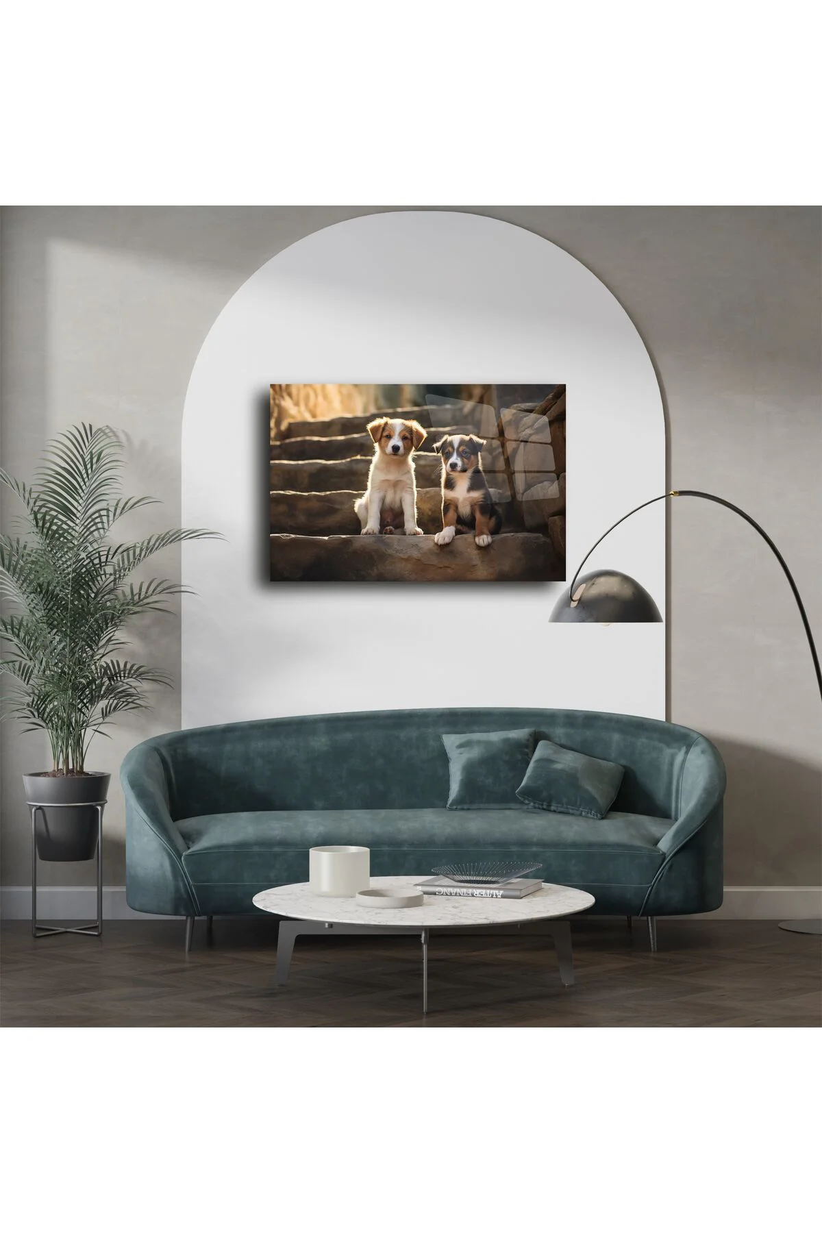 Doğal Işıklı Merdivende İki Yavru Köpek Metal Tablo Doğal Işıklı Merdivende İki Yavru Köpek Metal Tablo
