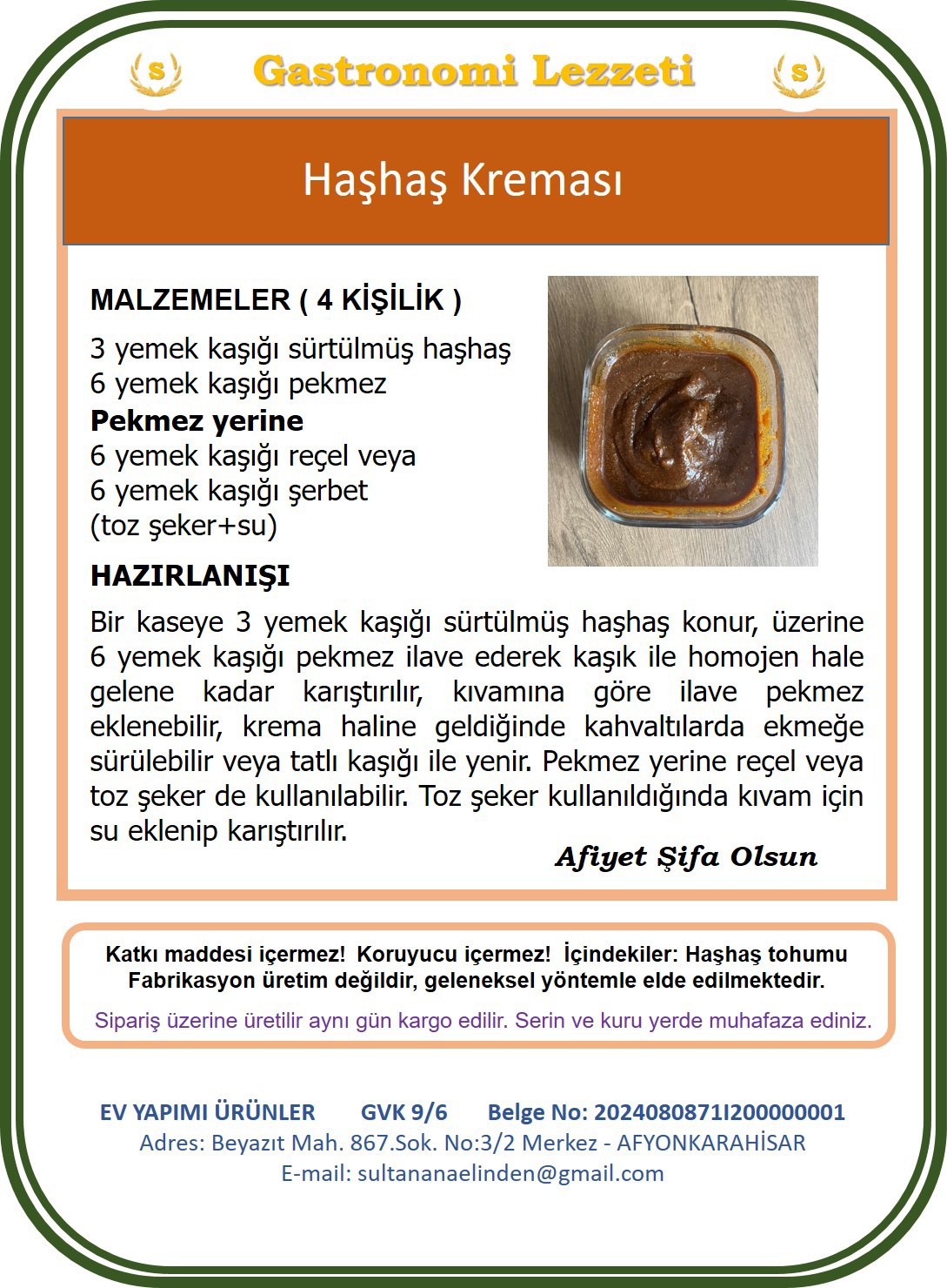 Sultan Ana Elinden Doğal Katkisiz Haşhaş Ezmesi 500Gr