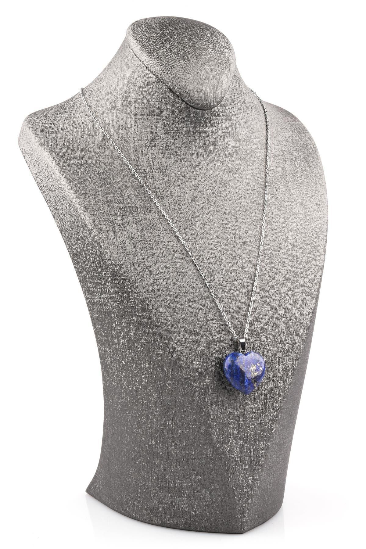 Doğal Lapis Lazuli Kalp Kolye Zincir Dahil