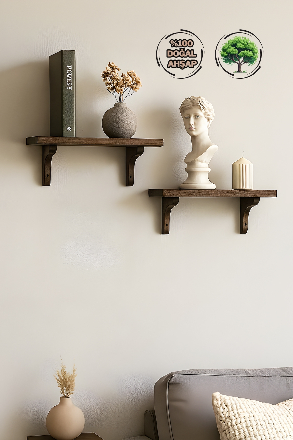 Mismuka Doğal Masif Ahşap Duvar Rafi | 1 Adet Dekoratif Raf | Doğal Tik Y