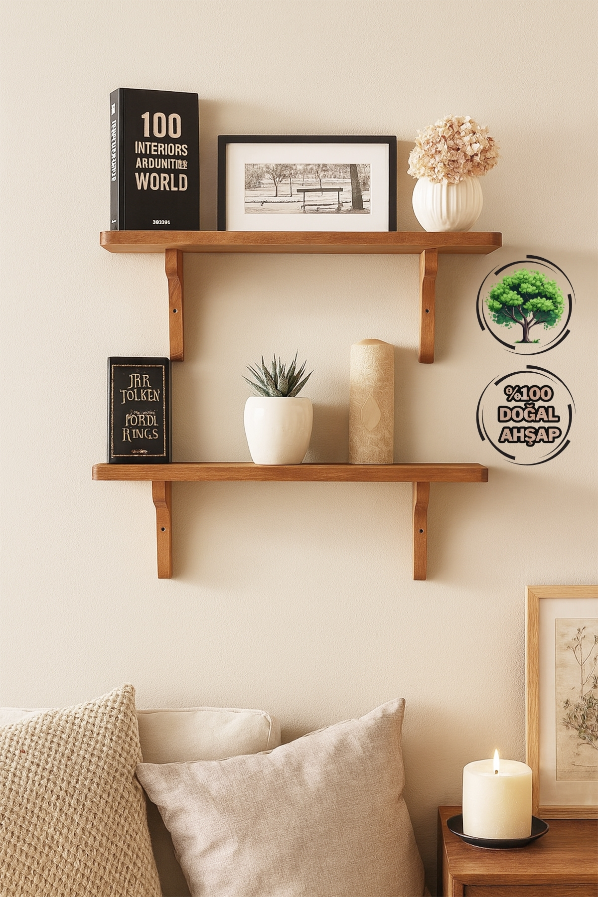 Mismuka Doğal Masif Ahşap Duvar Rafi | 1 Adet Dekoratif Raf | Doğal Tik Y