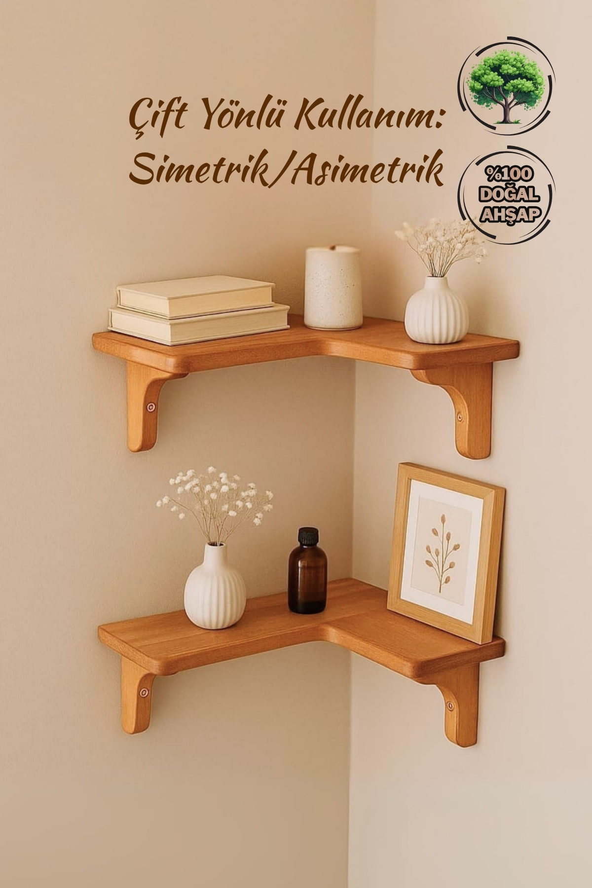 Mismuka Doğal Masif Ahşap Duvar Köşe L Rafi | 1 Adet | Dekoratif Çift Yön