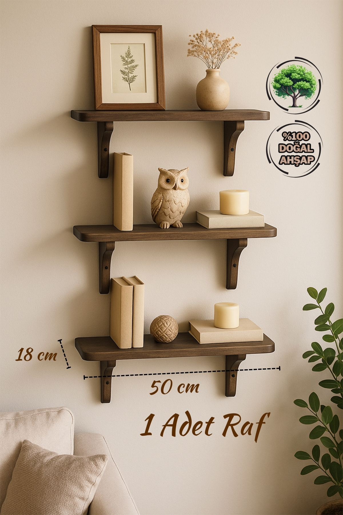 Mismuka Doğal Masif Ahşap Duvar Rafi | 1 Adet Dekoratif Raf | Doğal Tik Y