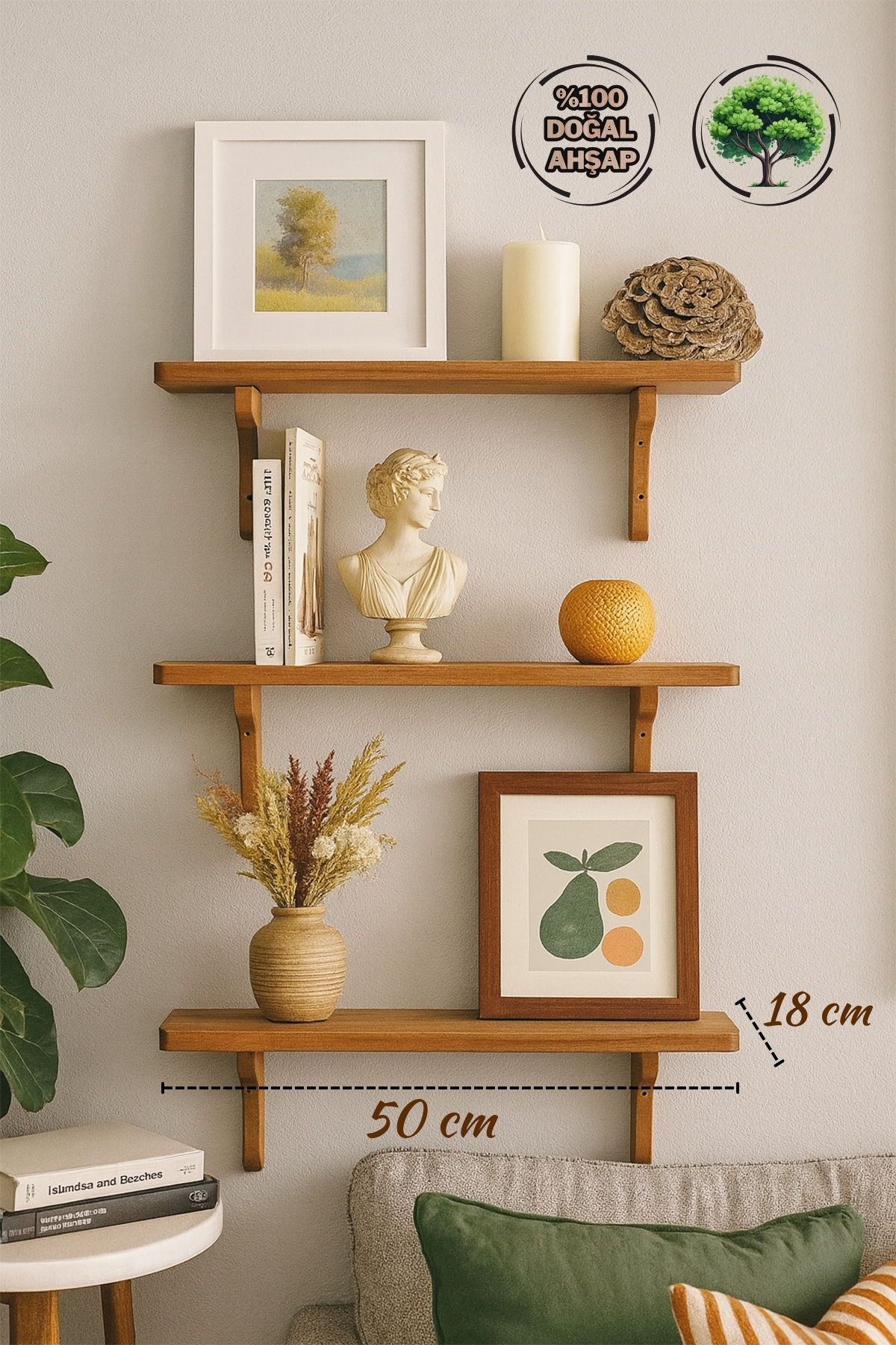 Mismuka Doğal Masif Ahşap Duvar Rafi | 1 Adet Dekoratif Raf | Doğal Tik Y