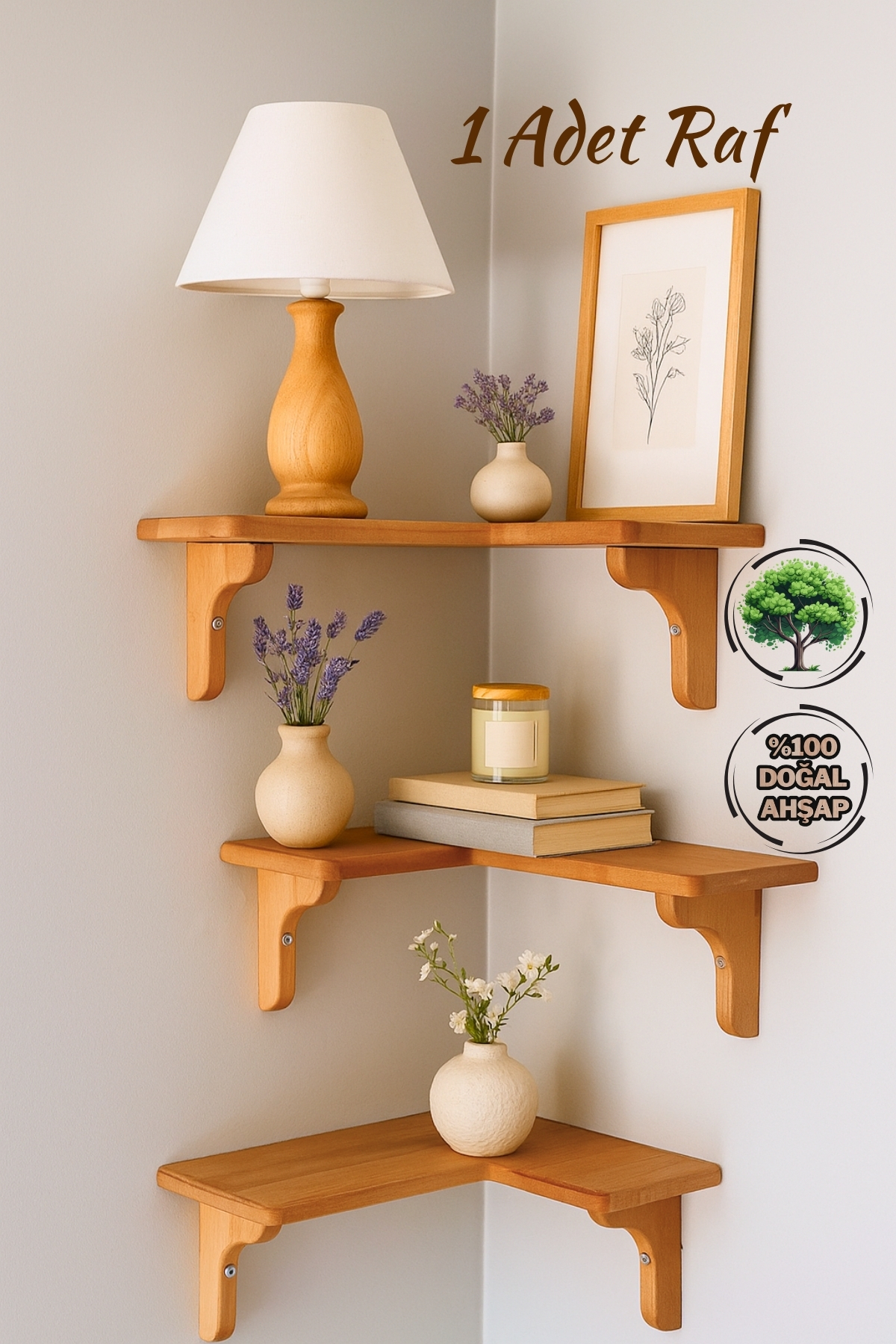 Mismuka Doğal Masif Ahşap Duvar Köşe L Rafi | 1 Adet | Dekoratif Çift Yön