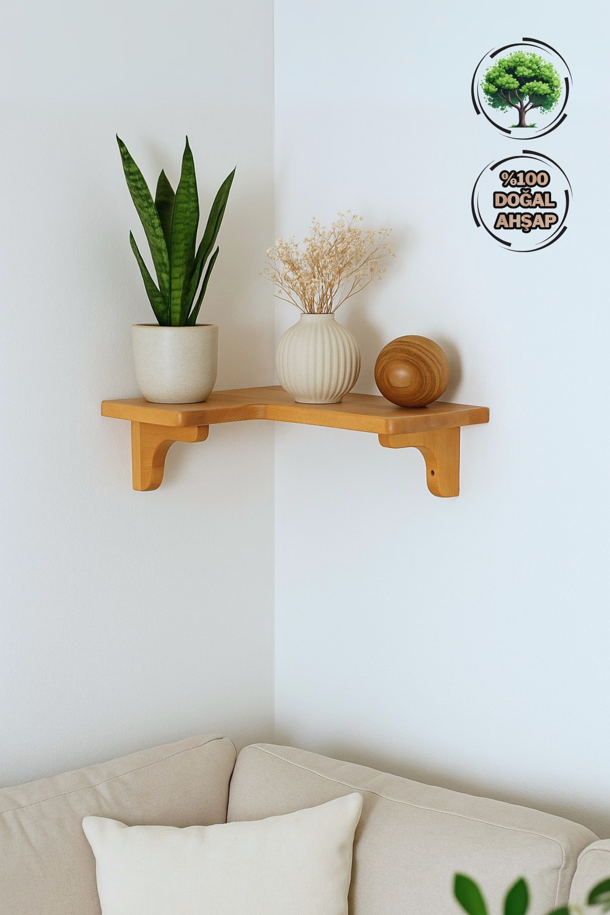 Mismuka Doğal Masif Ahşap Duvar Köşe L Rafi | 1 Adet | Dekoratif Çift Yön