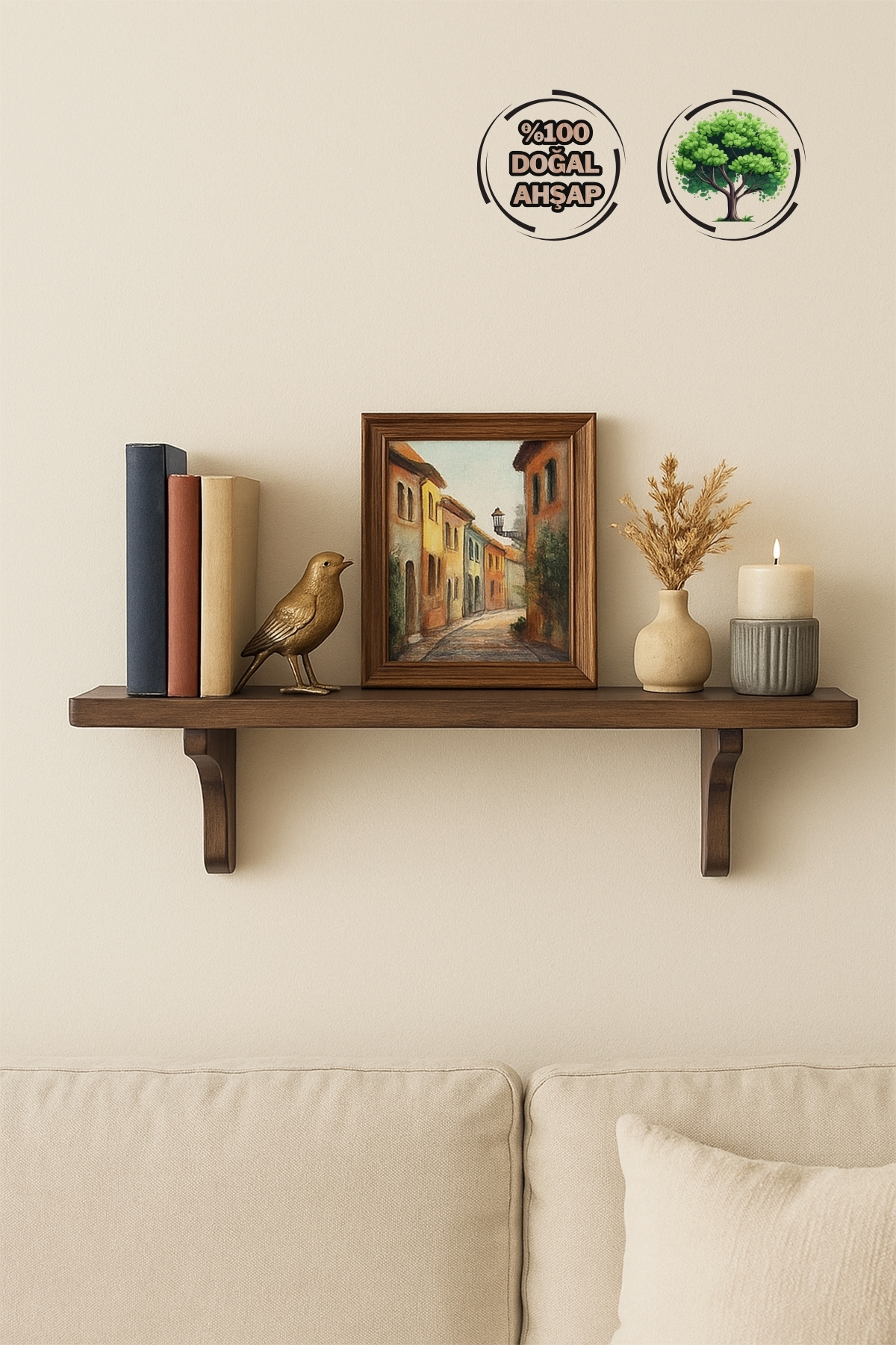Mismuka Doğal Masif Ahşap Duvar Rafi | 1 Adet Dekoratif Raf | Doğal Tik Y