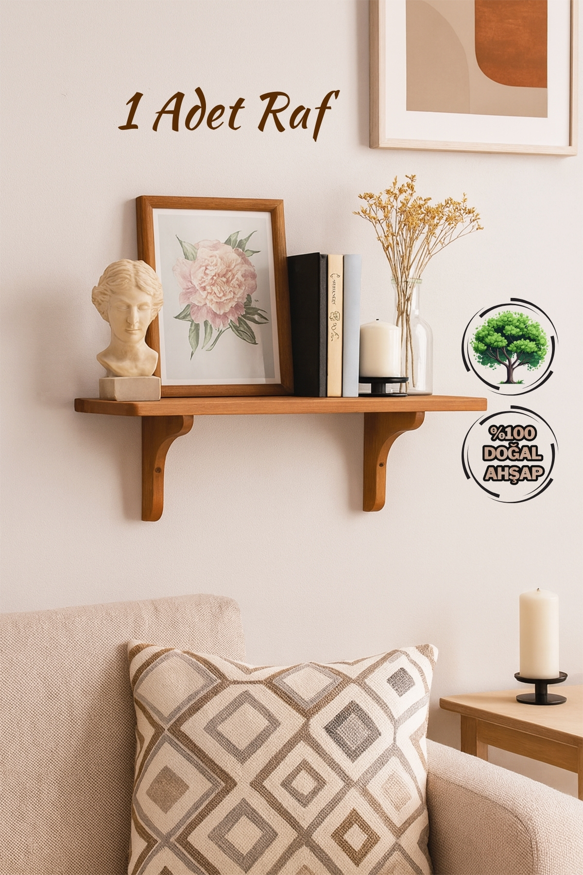 Mismuka Doğal Masif Ahşap Duvar Rafi | 1 Adet Dekoratif Raf | Doğal Tik Y