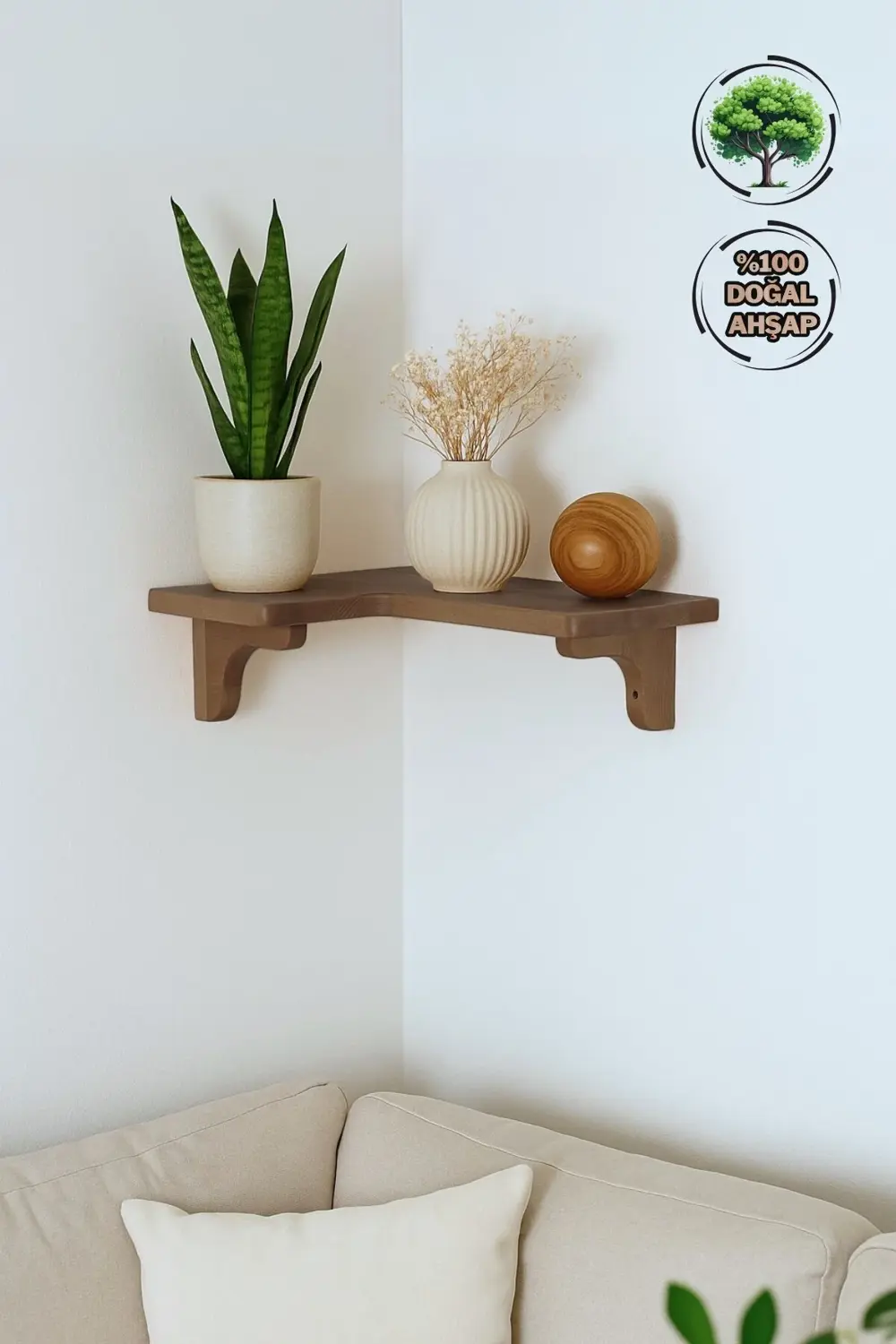 Doğal Masif Ahşap Duvar Köşe L Rafı | 1 Adet | Dekoratif Çift Yön