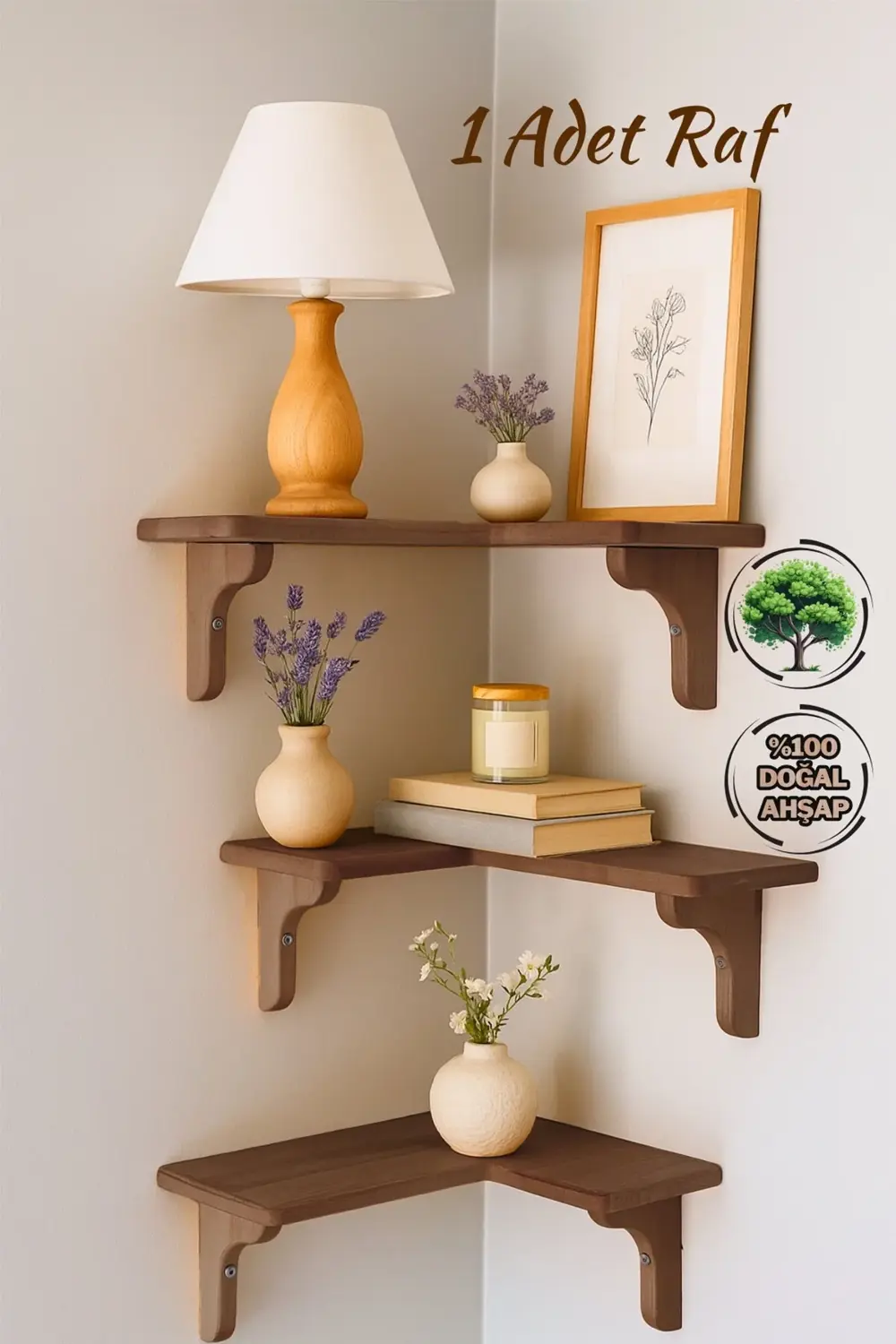 Doğal Masif Ahşap Duvar Köşe L Rafı | 1 Adet | Dekoratif Çift Yön