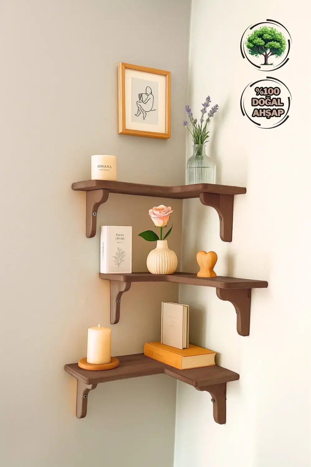 Doğal Masif Ahşap Duvar Köşe L Rafı | 1 Adet | Dekoratif Çift Yön