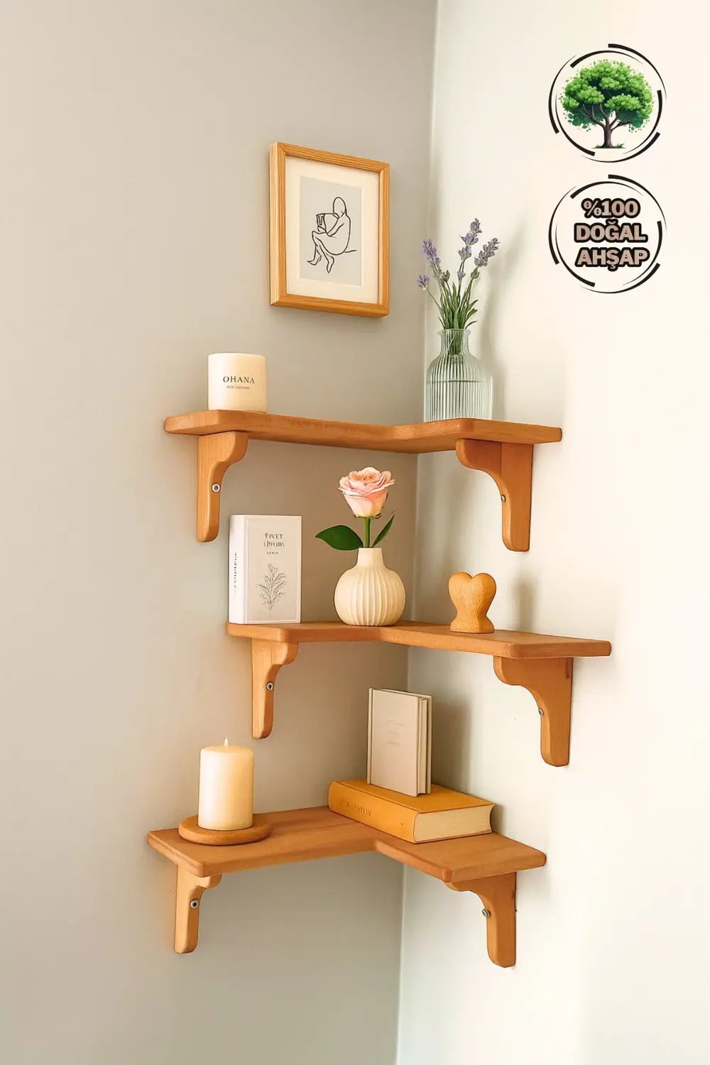 Doğal Masif Ahşap Duvar Köşe L Rafı | 1 Adet | Dekoratif Çift Yön