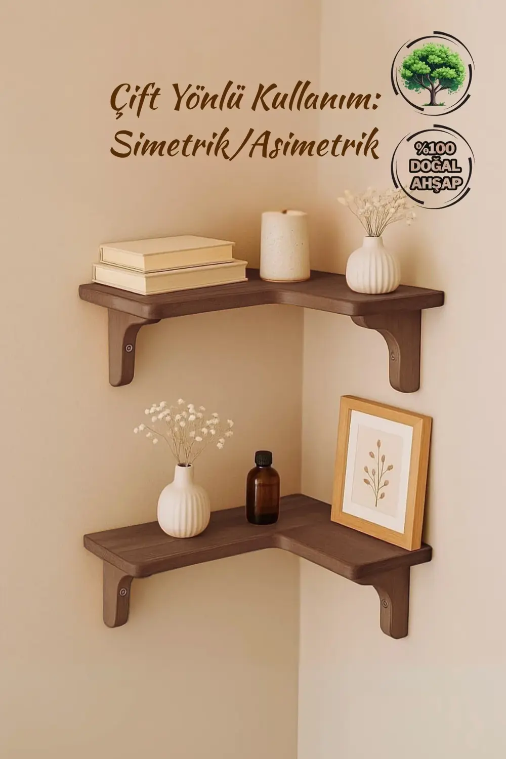 Doğal Masif Ahşap Duvar Köşe L Rafı | 1 Adet | Dekoratif Çift Yön