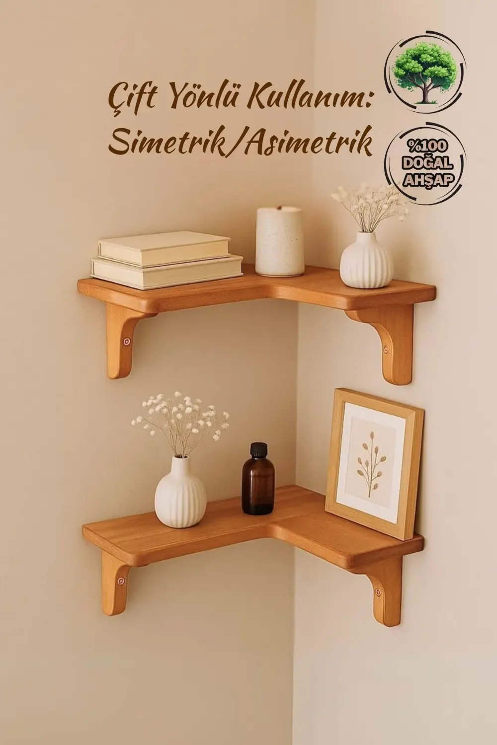 Doğal Masif Ahşap Duvar Köşe L Rafı | 1 Adet | Dekoratif Çift Yön