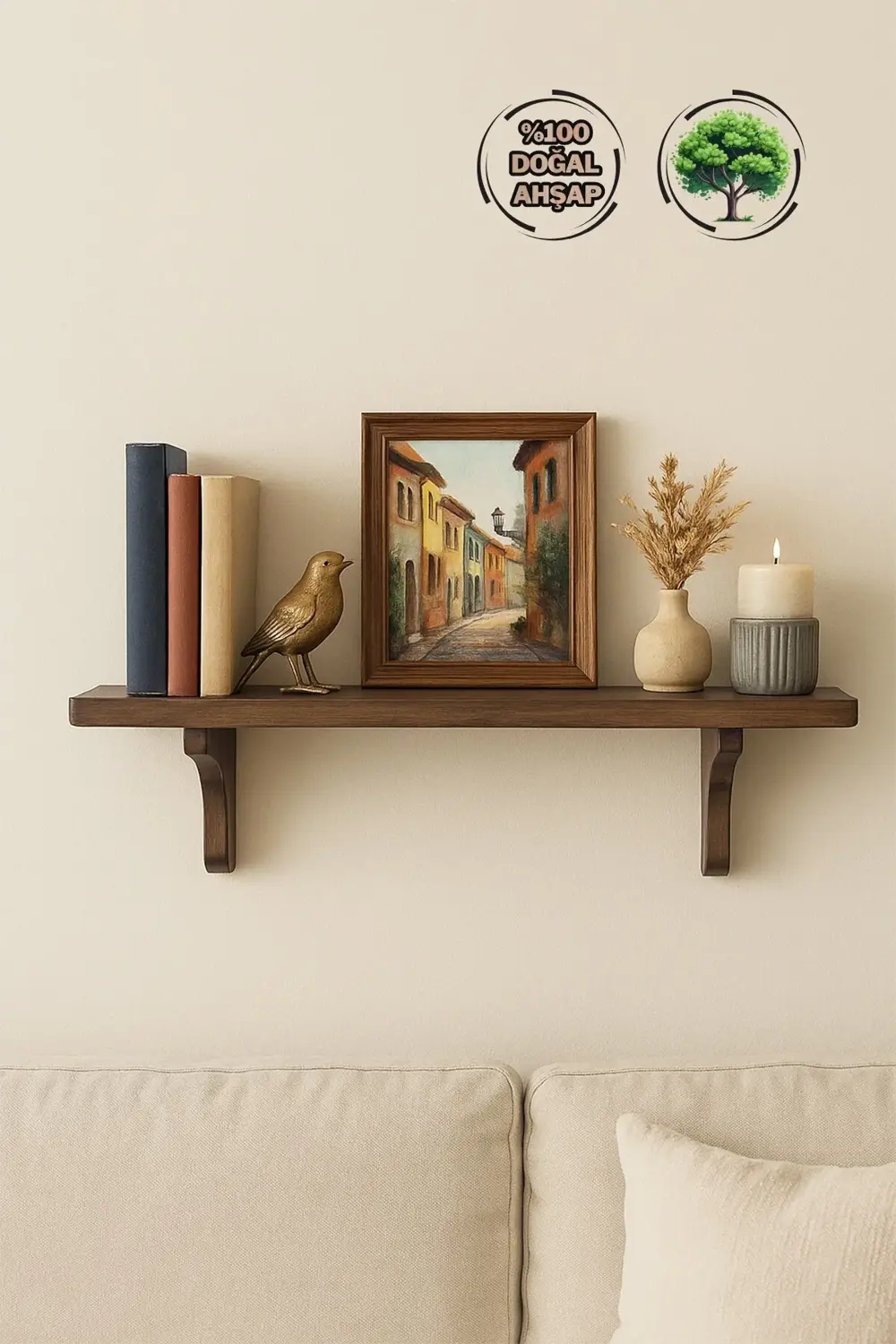 Doğal Masif Ahşap Duvar Rafı | 1 Adet Dekoratif Raf | Doğal Tik Y