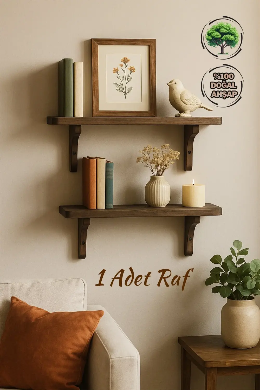 Doğal Masif Ahşap Duvar Rafı | 1 Adet Dekoratif Raf | Doğal Tik Y