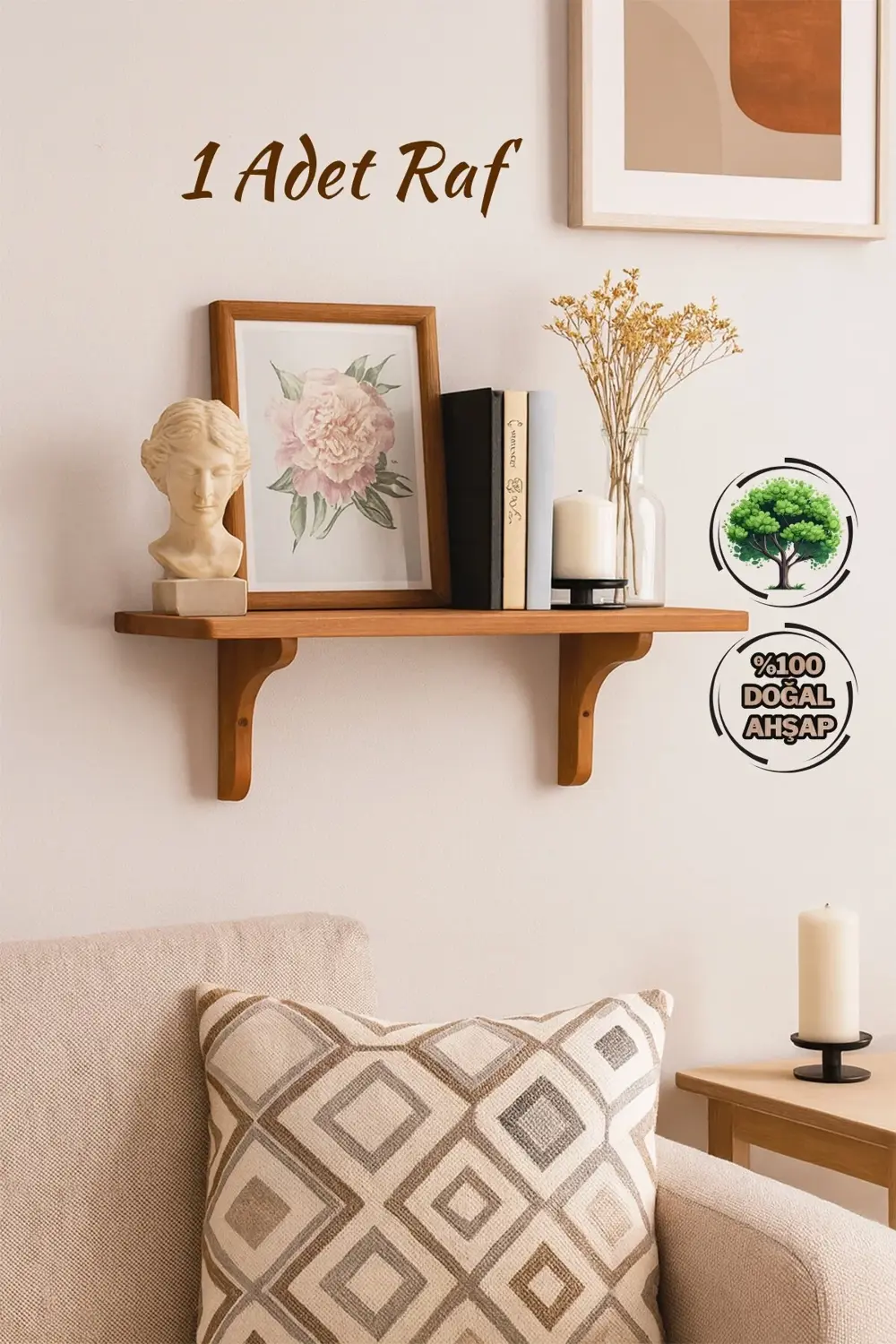 Doğal Masif Ahşap Duvar Rafı | 1 Adet Dekoratif Raf | Doğal Tik Y