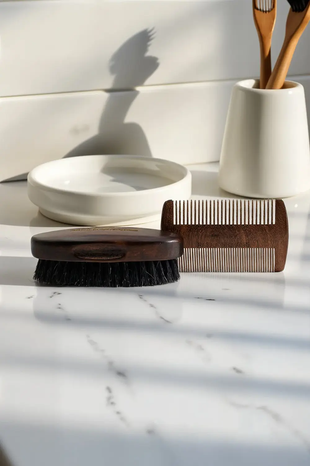 Doğal Sakal Fırçası ve Sandal Ağacı Tarak Seti, Doğal Domuz Kılı